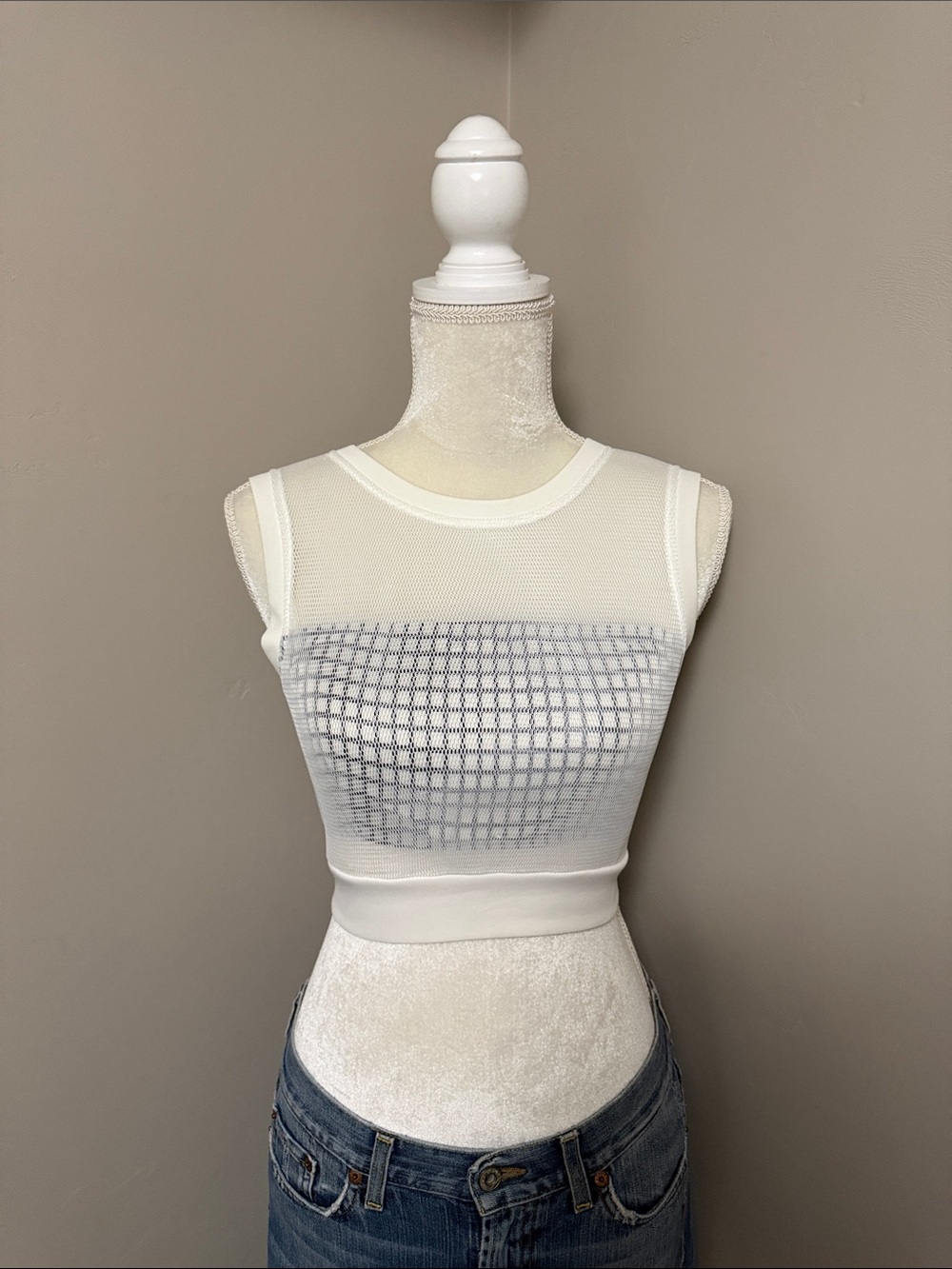 Rehab White Mesh Crop Tank with underlying sz small